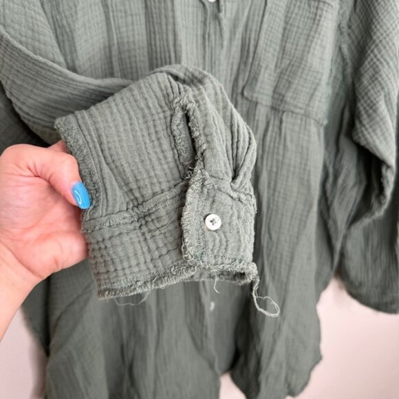 Aerie Women's Olive Green Gauze Button-Down Shirt Tunic Top Xl Loose Fit - Picture 3 of 6